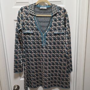 Zara Geometric V‑Neck Knit Sweater in Blue, Tan & Gray